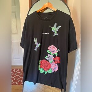YoungLA Black Tee with Hummingbird and Floral Print